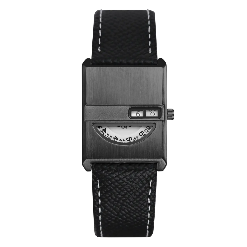 GIORGIO MARENO BRONVARA men's retro rectangular watch with leather strap, vintage-inspired watch design, black dial, and metal case