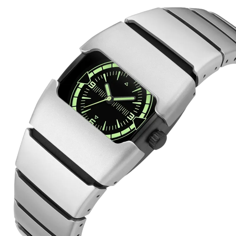 Maurice Belmont TURVEX men's rectangular designer watch with metal bracelet, close-up view showing the watch face and band detail.