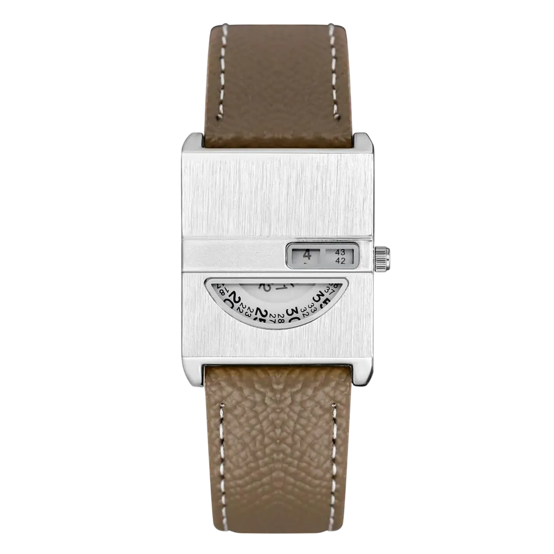 Giorgio Mareno BRONVARA men's retro style rectangular watch with black leather strap and silver dial, close-up shot.