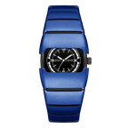 Maurice Belmont TURVEX men's rectangular designer watch with metal bracelet, close-up showing black dial and silver case.