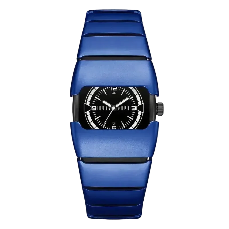 Maurice Belmont TURVEX men's rectangular designer watch with metal bracelet, close-up showing black dial and silver case.