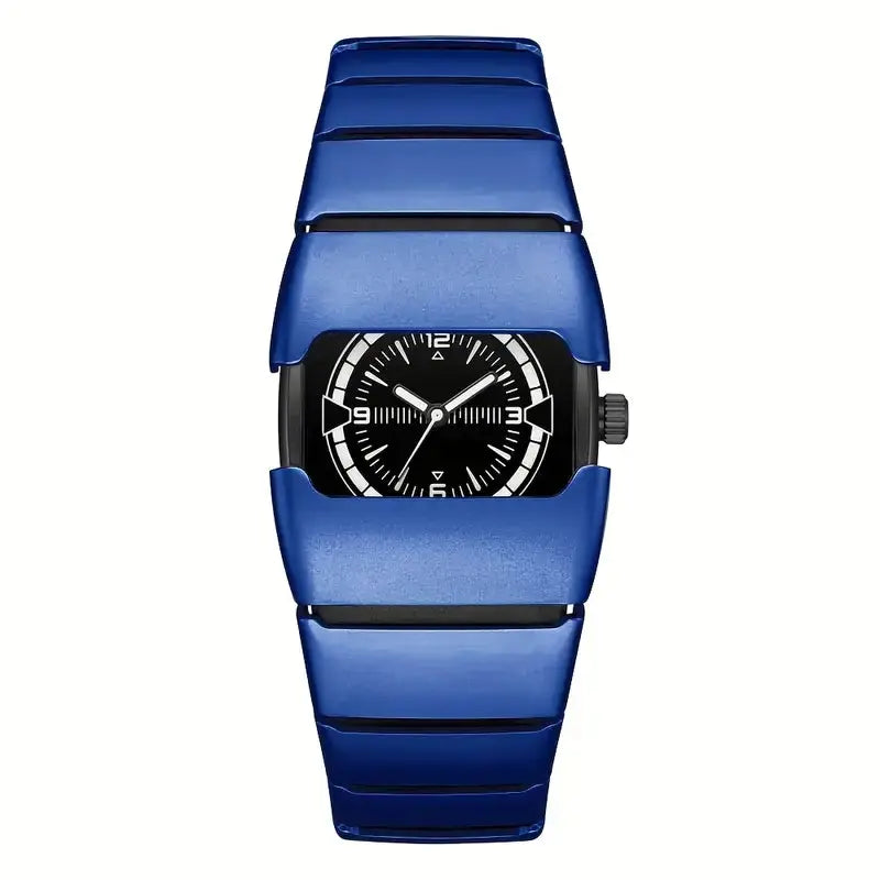 Maurice Belmont TURVEX men's rectangular designer watch with metal bracelet, black dial and silver case.