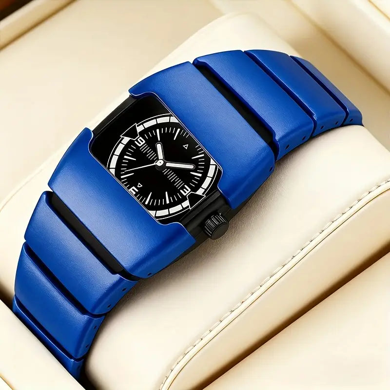 Maurice Belmont TURVEX men's rectangular designer watch with metal bracelet, showcasing a sleek silver-tone watch face and band.