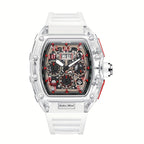 Giorgio Mareno NYTRAX luxury men's wristwatch with black dial and stainless steel band, close-up shot of the timepiece.