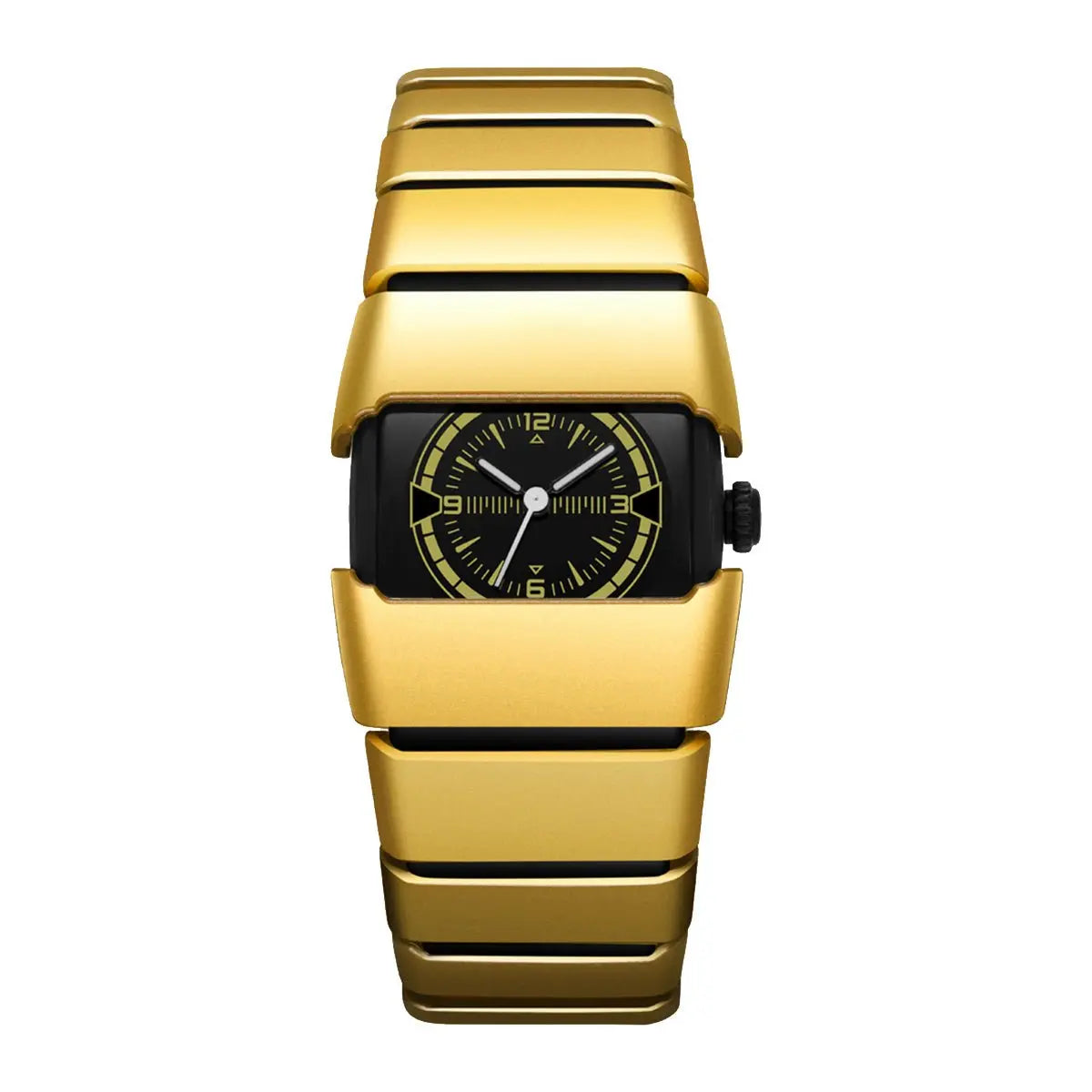 Maurice Belmont TURVEX men's designer rectangular watch with metal bracelet, showcasing a sleek black dial and stainless steel strap.