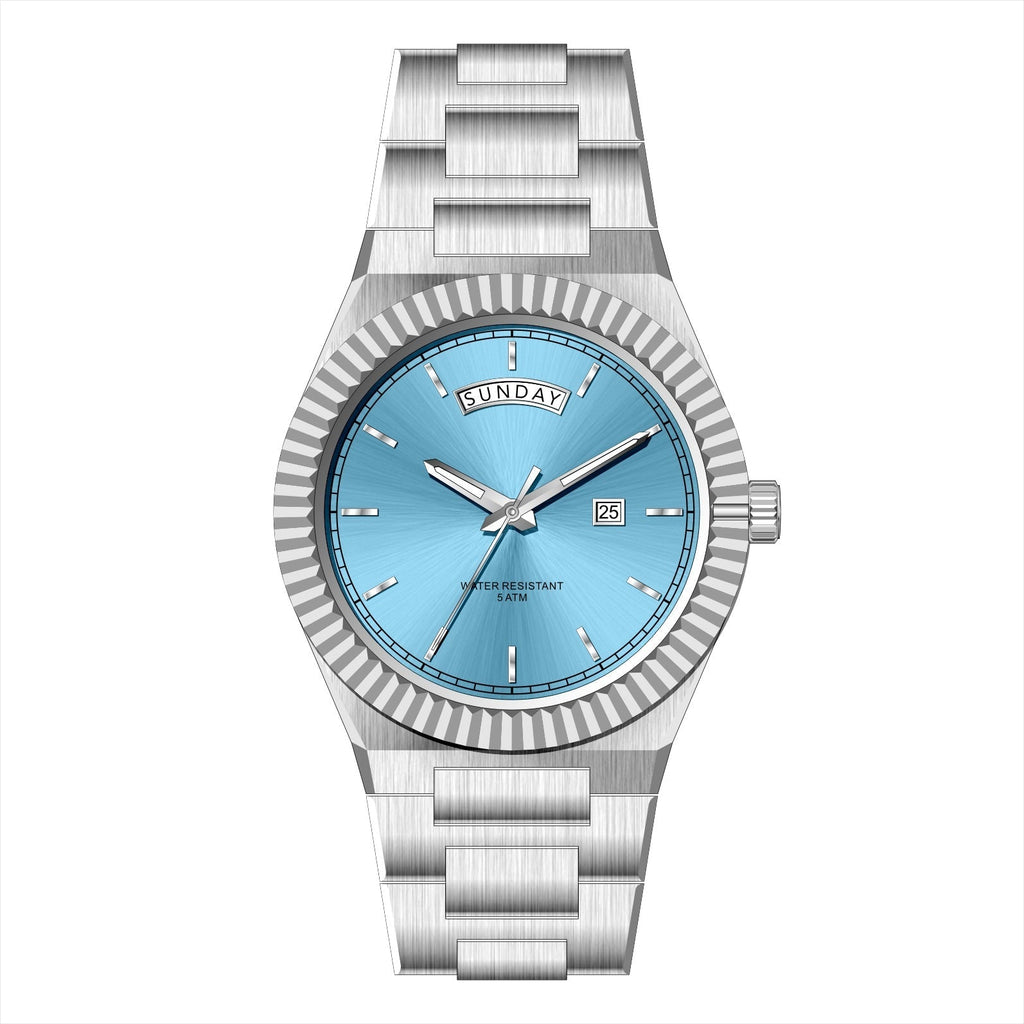 AURIXA IB – Men’s Luxury Ice Blue Dial Stainless Steel Day-Date Watch