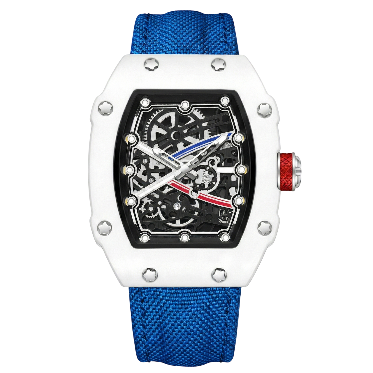 Skeleton tonneau sport watch by GIORGIO MARENO featuring a skeleton dial and sporty design in a tonneau-shaped stainless steel case.