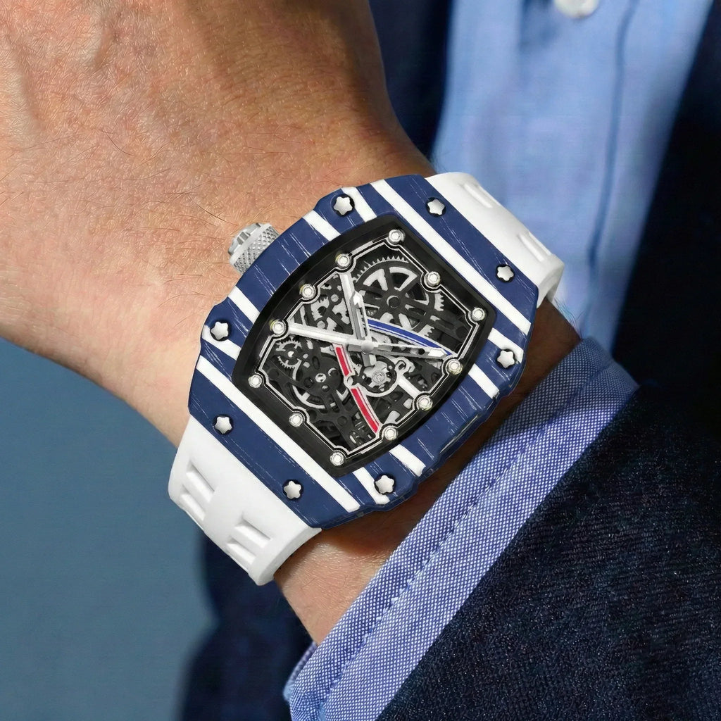 Skeleton sport watch with silicone strap from GIORGIO MARENO featuring a modern design and detailed dial on a black silicone band.