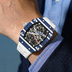 Skeleton sport watch with silicone strap from GIORGIO MARENO featuring a modern design and detailed dial on a black silicone band.