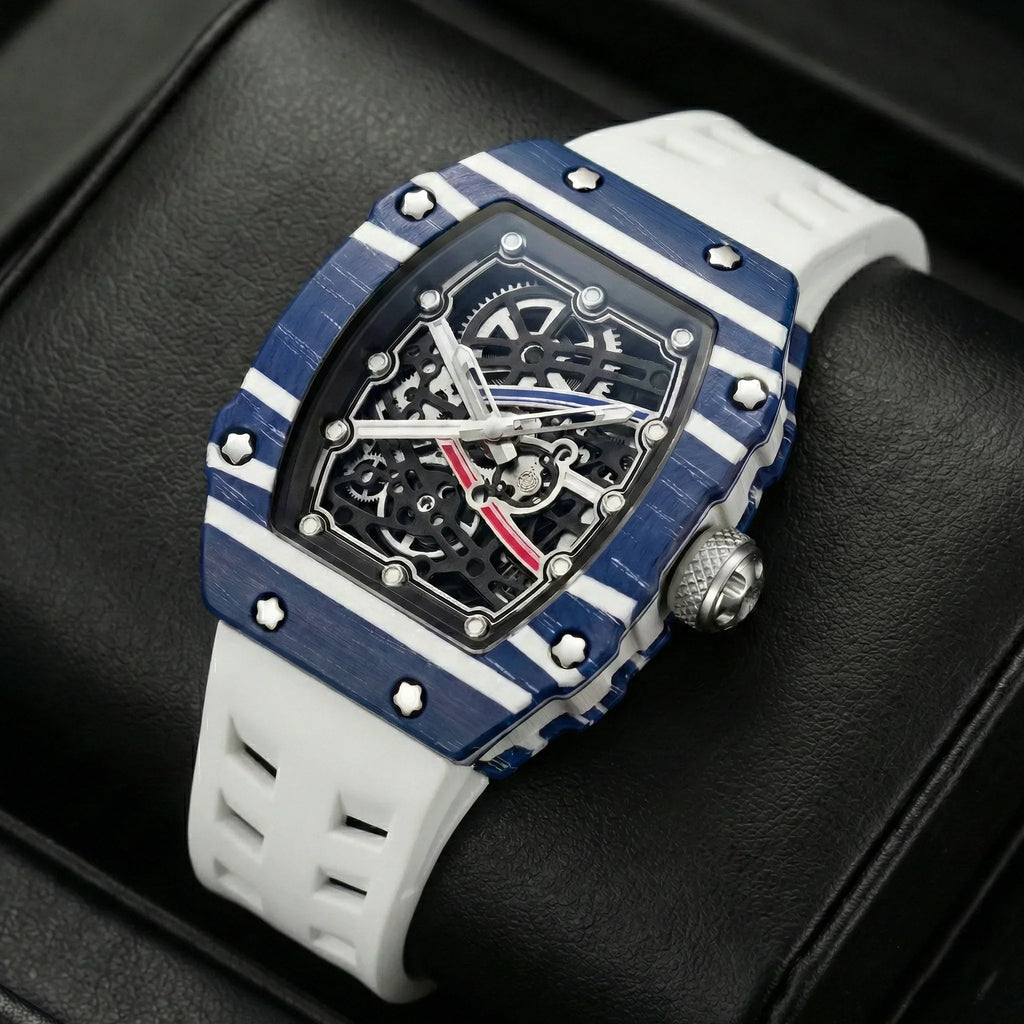 Skeleton sport watch by GIORGIO MARENO with a black silicone strap and skeleton dial, featuring a modern design and chronograph details.