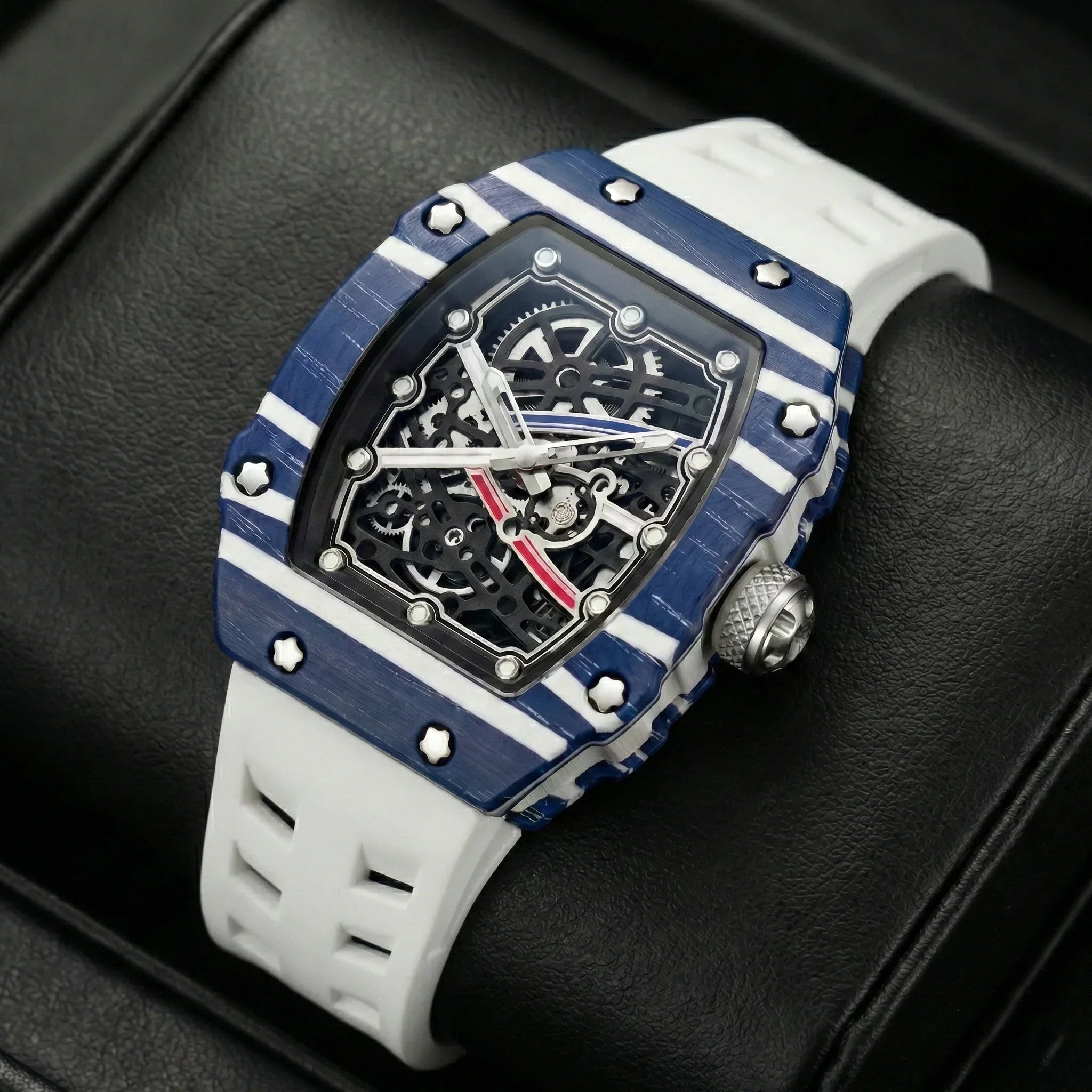 Skeleton sport watch by GIORGIO MARENO with a black silicone strap and skeleton dial, featuring a modern design and chronograph details.
