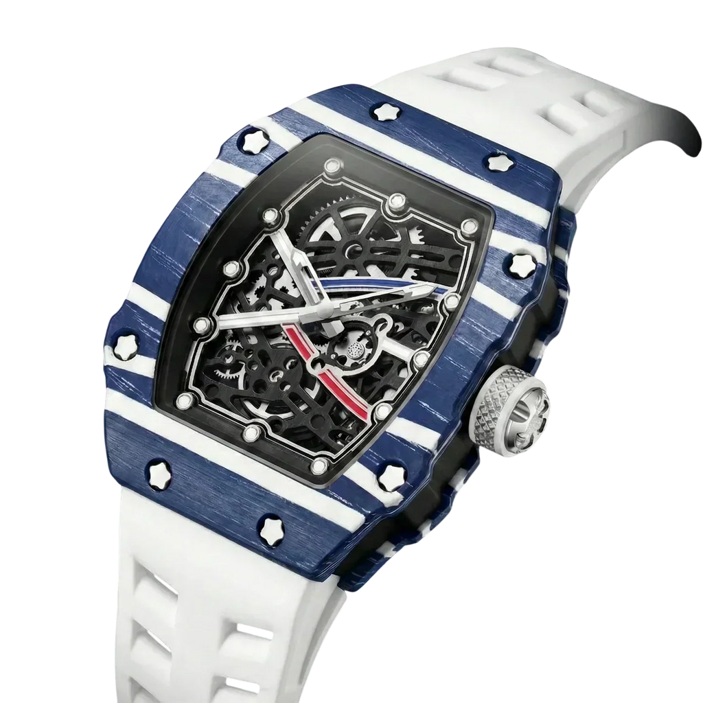Skeleton sport watch with silicone strap by GIORGIO MARENO, featuring a detailed skeleton dial and sporty design.