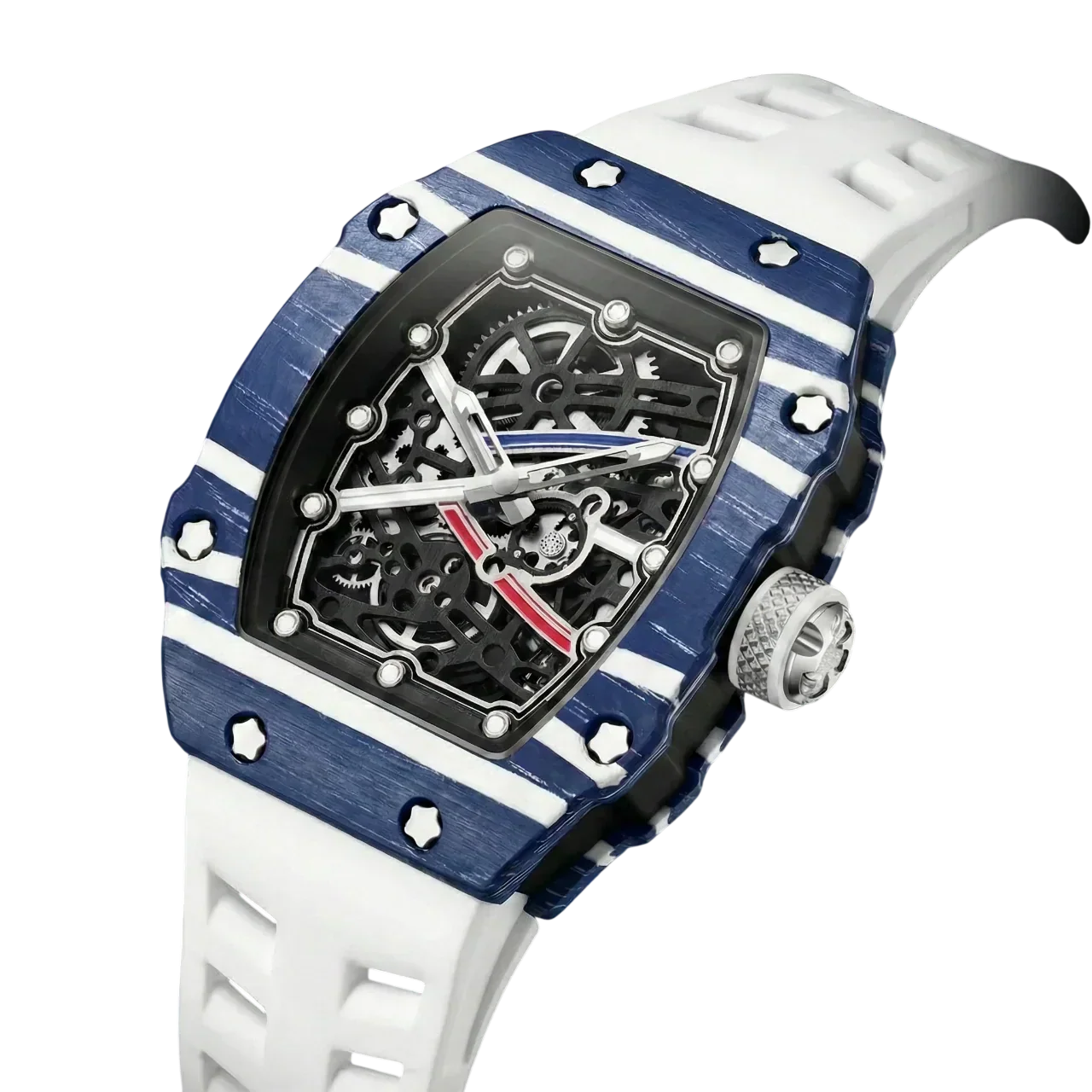Skeleton sport watch with silicone strap by GIORGIO MARENO, featuring a detailed skeleton dial and sporty design.