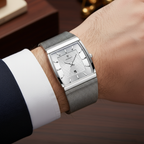 Men's Sergio Cavelli LEVRON square watch with Milanese mesh strap, featuring a sleek black dial and silver-tone case.