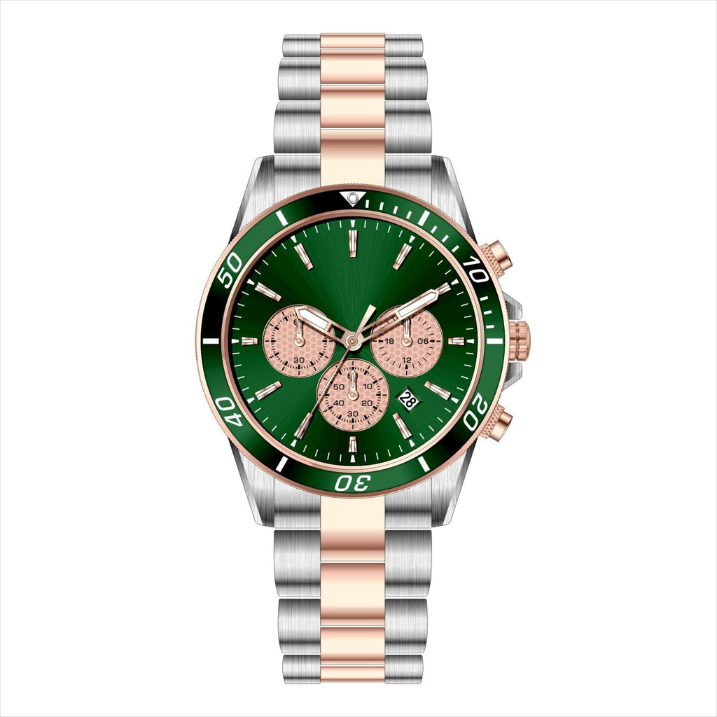 MERXON EG – Men’s Luxury Two-Tone Emerald Green Sunray Dial Chronograph Steel Watch