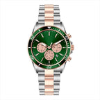 MERXON EG – Men’s Luxury Two-Tone Emerald Green Sunray Dial Chronograph Steel Watch