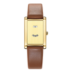 Giorgio Mareno ISANDRE women's gold rectangular watch with brown leather strap on a white background
