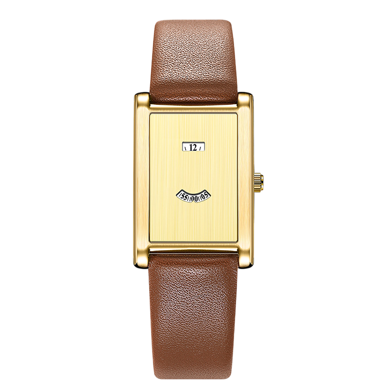 Giorgio Mareno ISANDRE women's gold rectangular watch with brown leather strap on a white background