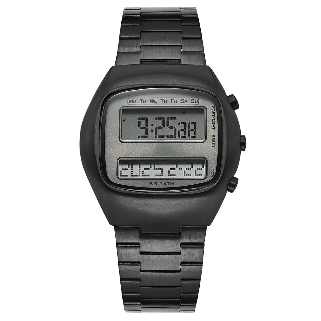 Giorgio Mareno MONTYX luxury watch with black leather strap and silver dial, detailed close-up showing elegant design.