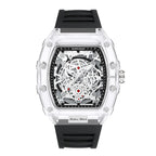 Giorgio Mareno ZYNRAXIS stylish wristwatch with black leather strap and round silver dial, close-up view.