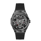Giorgio Mareno XENORIM luxury watch with black dial, silver case, and leather strap, close-up of the elegant timepiece.
