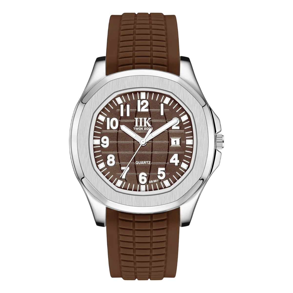 Giorgio Mareno ZAFYRON modern wristwatch with black dial and silver stainless steel band, close-up view of the watch face