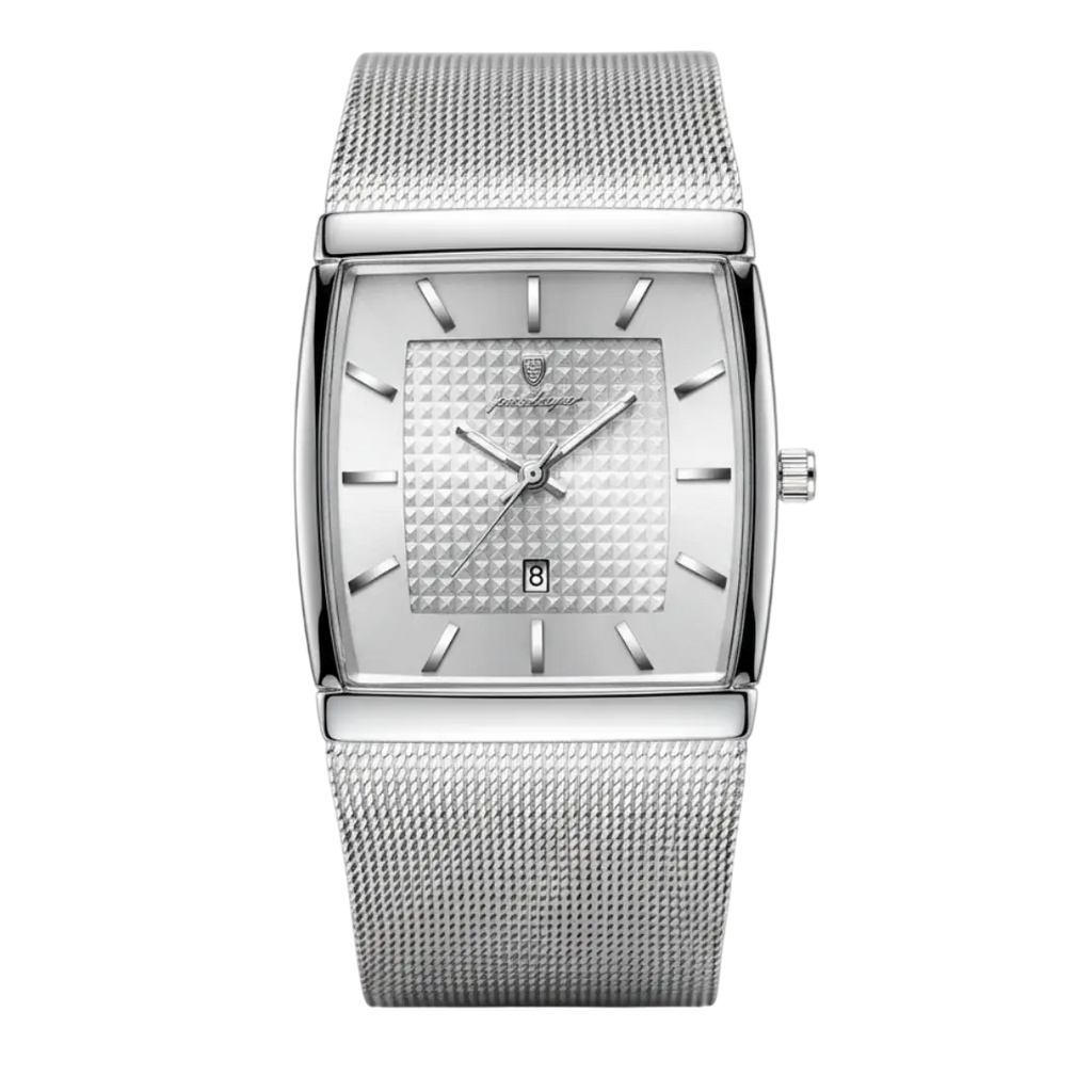 Sergio Cavelli LEVRON men's square watch with a sleek Milanese mesh strap and minimalist dial.
