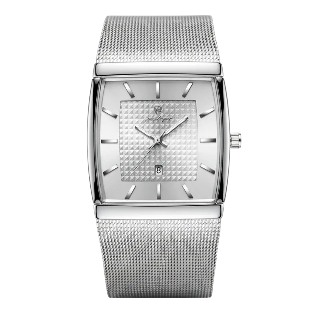 Sergio Cavelli LEVRON men's square watch with a sleek Milanese mesh strap and minimalist dial.