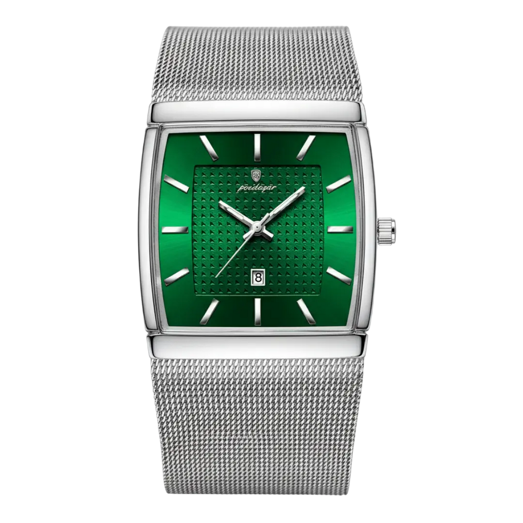 Men’s Sergio Cavelli LEVRON square watch with Milanese mesh strap, featuring a sleek black dial and silver-tone case.