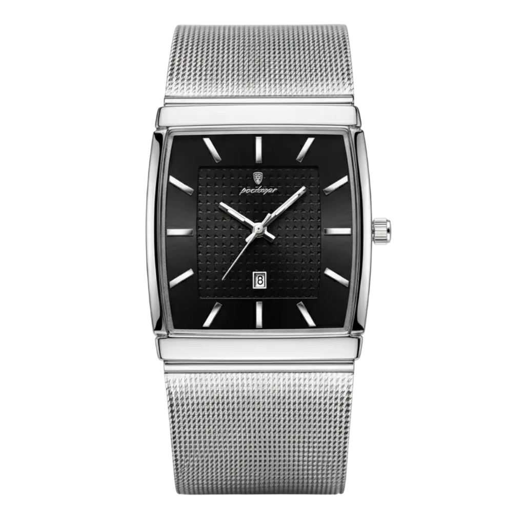 Sergio Cavelli LEVRON men's square watch with stainless steel Milanese mesh strap and minimalist black dial.