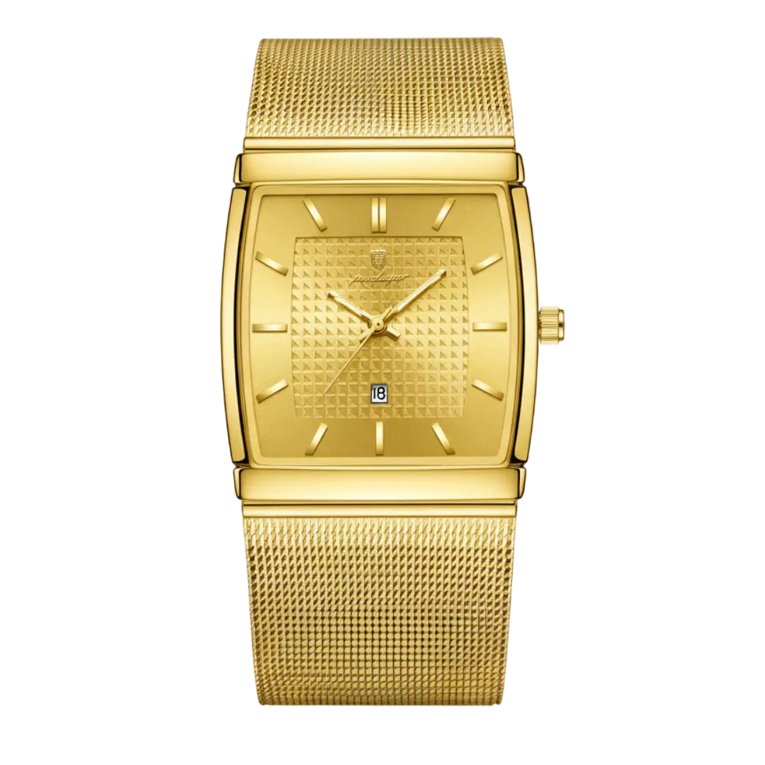 Sergio Cavelli LEVRON men's square watch with Milanese mesh strap, featuring a sleek black dial and silver case.