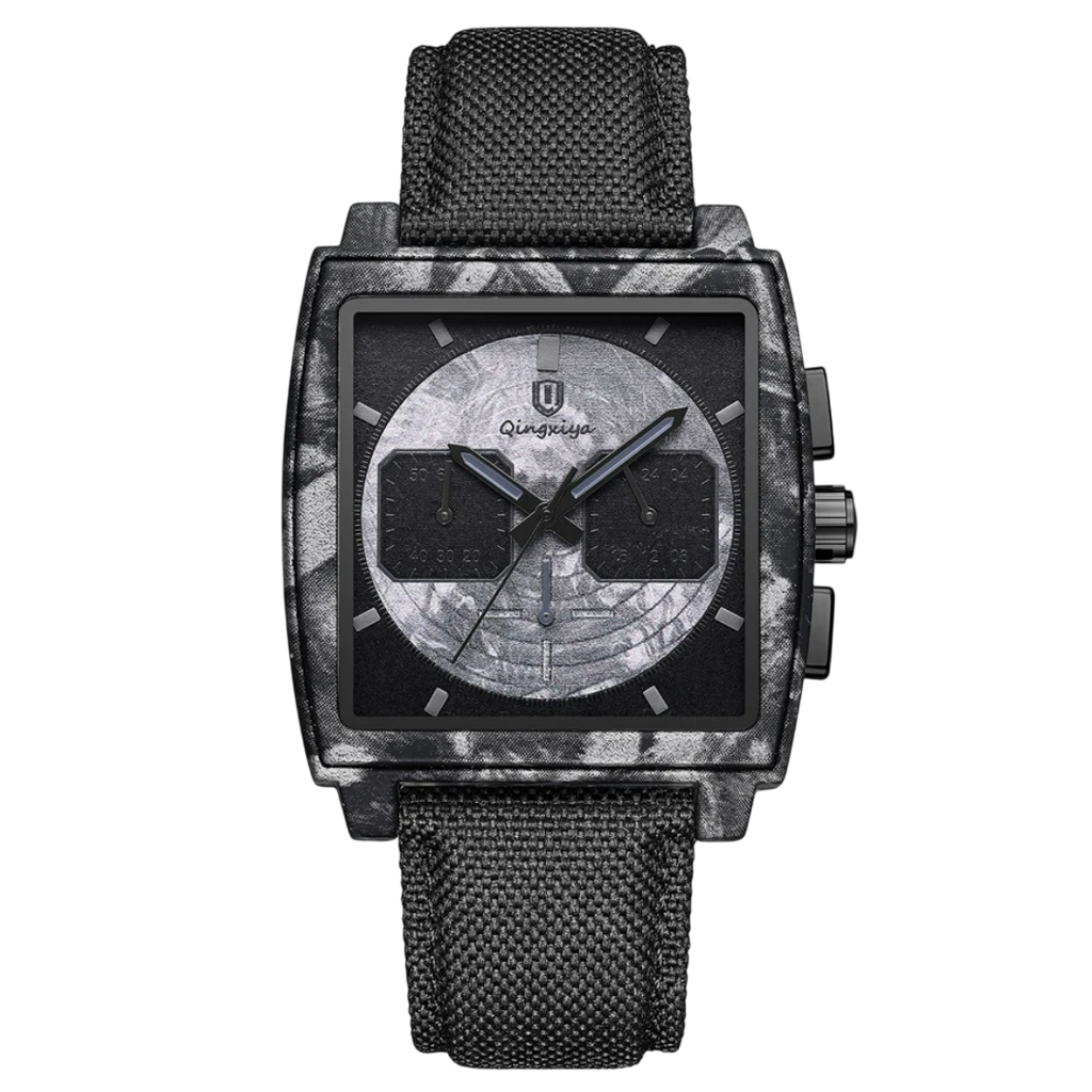 Giorgio Mareno Ecliptic men's sport watch with chronograph, black dial, stainless steel band, and multiple subdials.