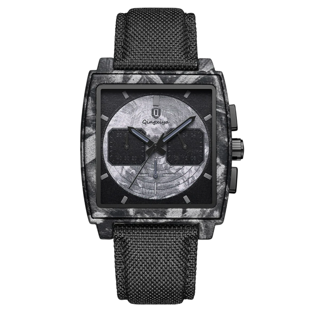 Giorgio Mareno Ecliptic men's sport watch with chronograph, black dial, stainless steel band, and multiple subdials.