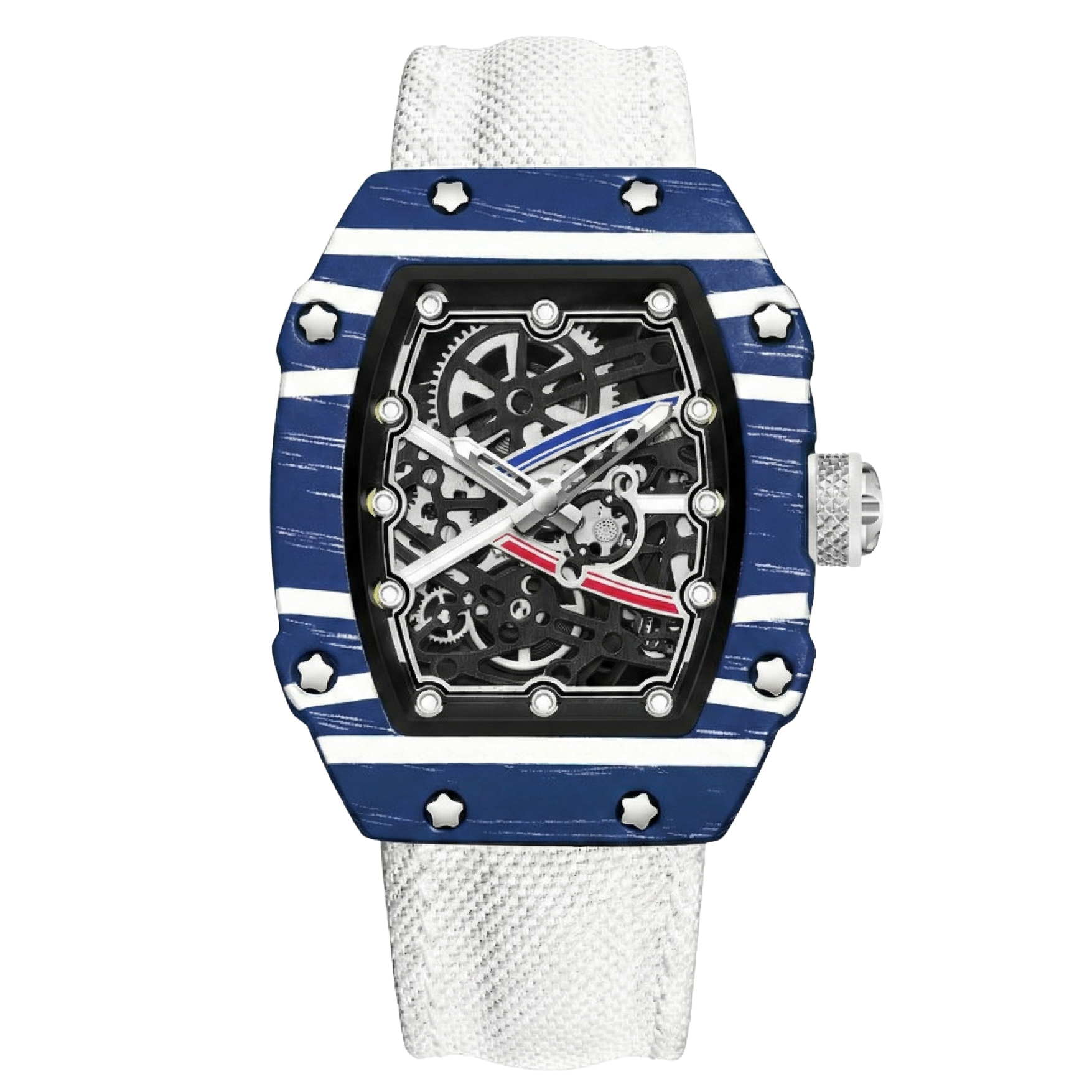 Giorgio Mareno KARYVEX Skeleton Tonneau Sport Watch with black dial, silver case, and sporty design.