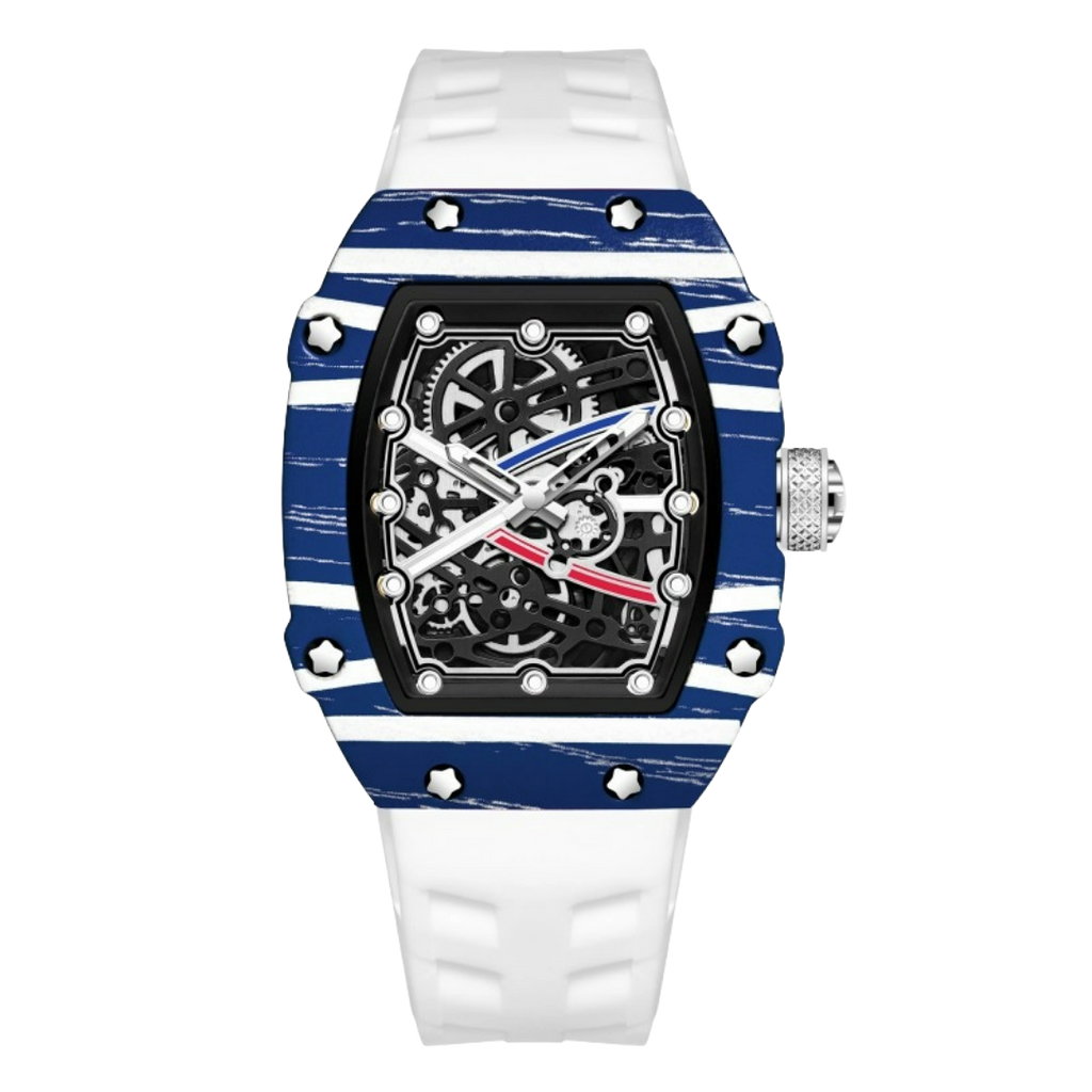 Skeleton sport watch by GIORGIO MARENO with black silicone strap, featuring a visible mechanical movement and modern design.