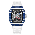 Skeleton sport watch by GIORGIO MARENO with black silicone strap, featuring a visible mechanical movement and modern design.