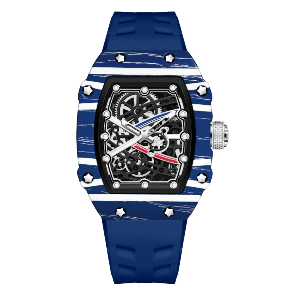 Skeleton sport watch by GIORGIO MARENO with a black silicone strap and skeleton dial, showcasing a modern, sporty design.