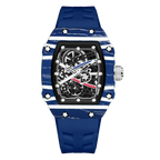 Skeleton sport watch by GIORGIO MARENO with a black silicone strap and skeleton dial, showcasing a modern, sporty design.