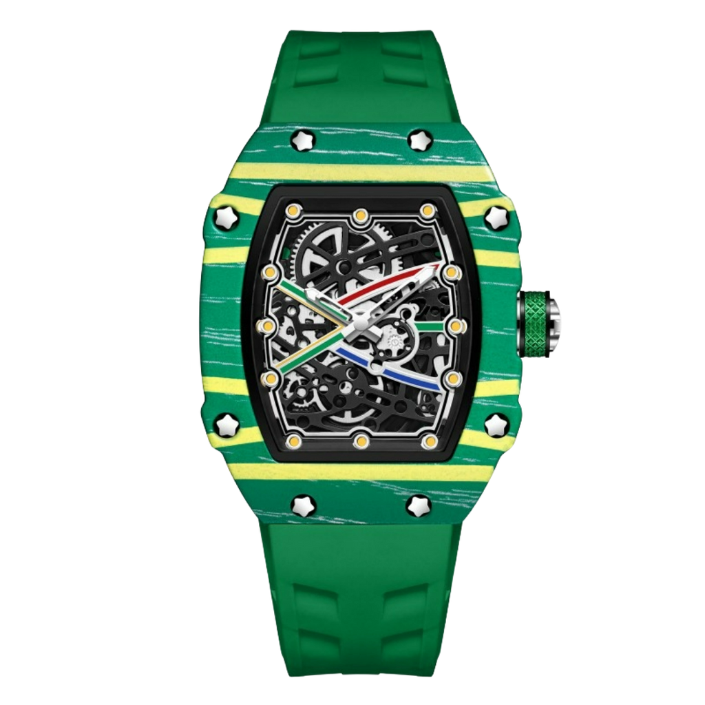 Skeleton Sport Watch by GIORGIO MARENO with black silicone strap, featuring a detailed skeleton dial and sporty design.