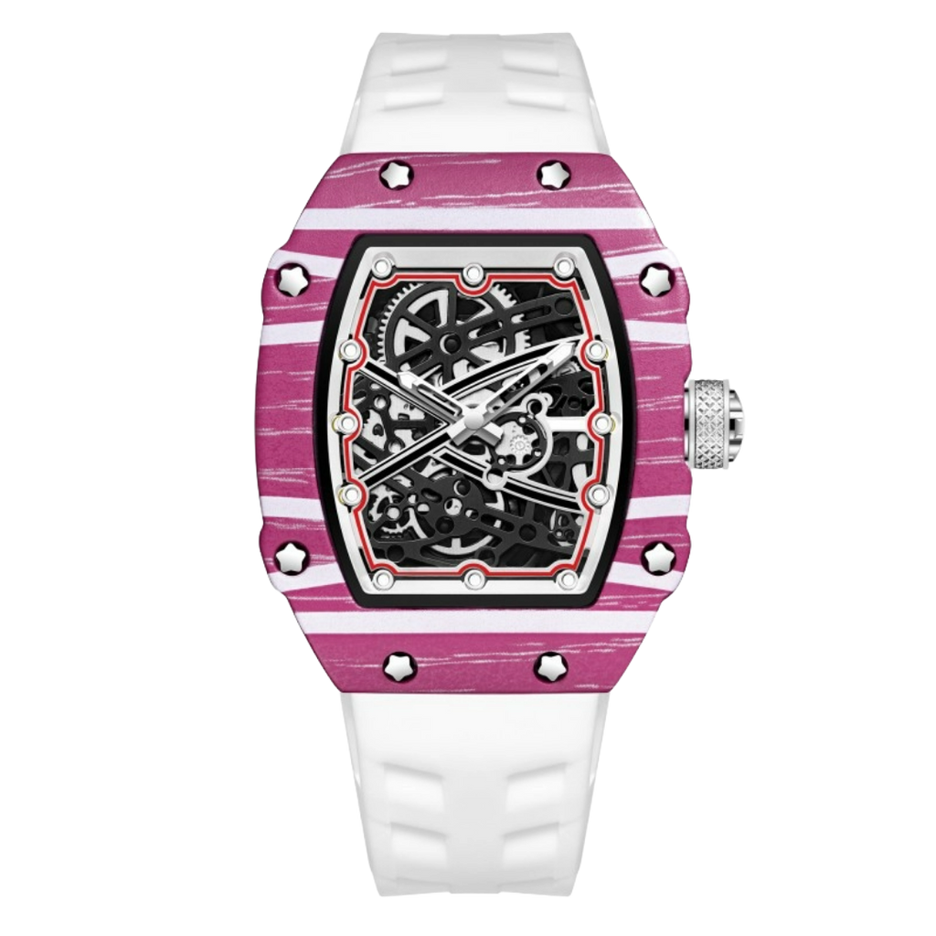 Skeleton sport watch with silicone strap by GIORGIO MARENO, featuring a detailed skeleton dial and sporty design.