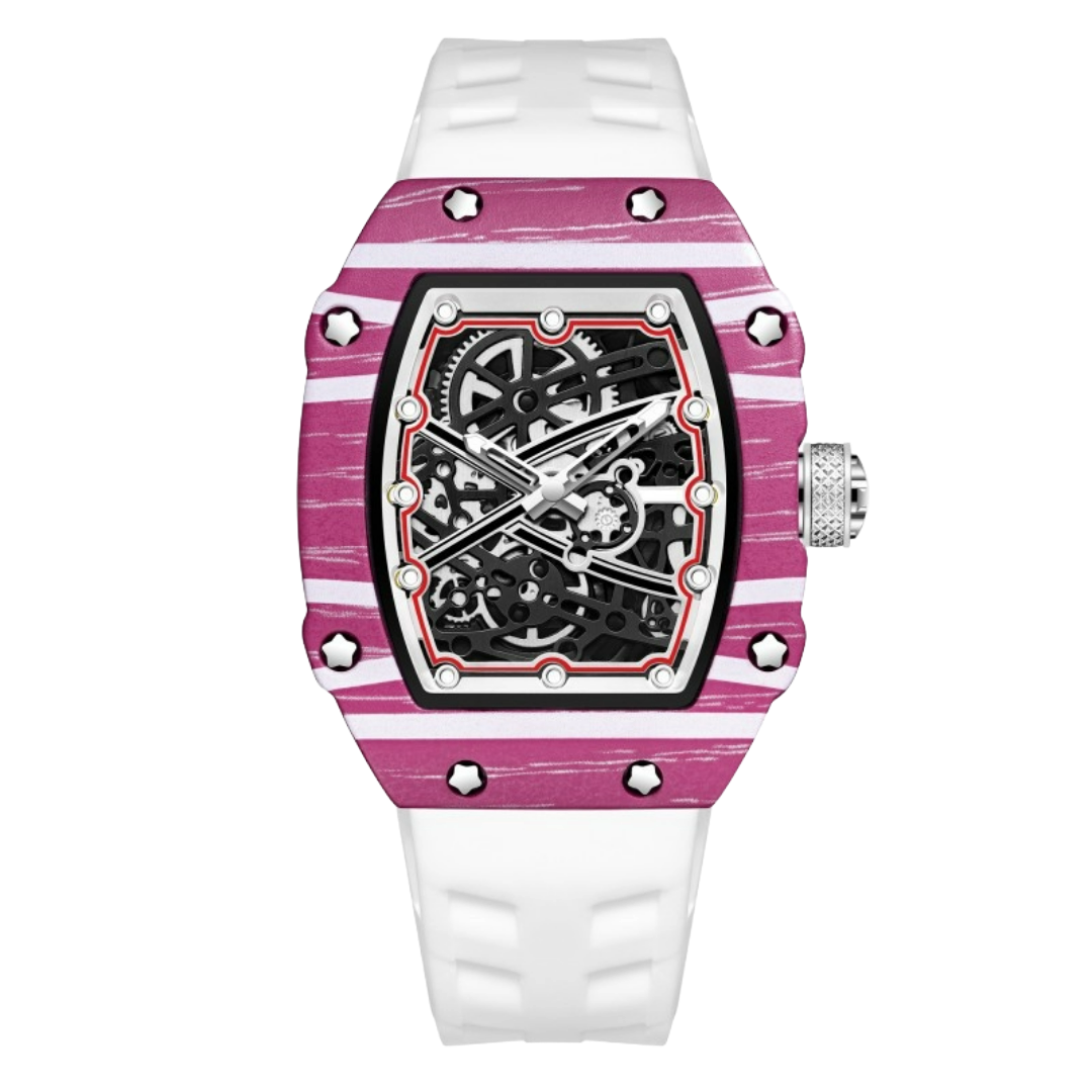 Skeleton sport watch with silicone strap by GIORGIO MARENO, featuring a detailed skeleton dial and sporty design.
