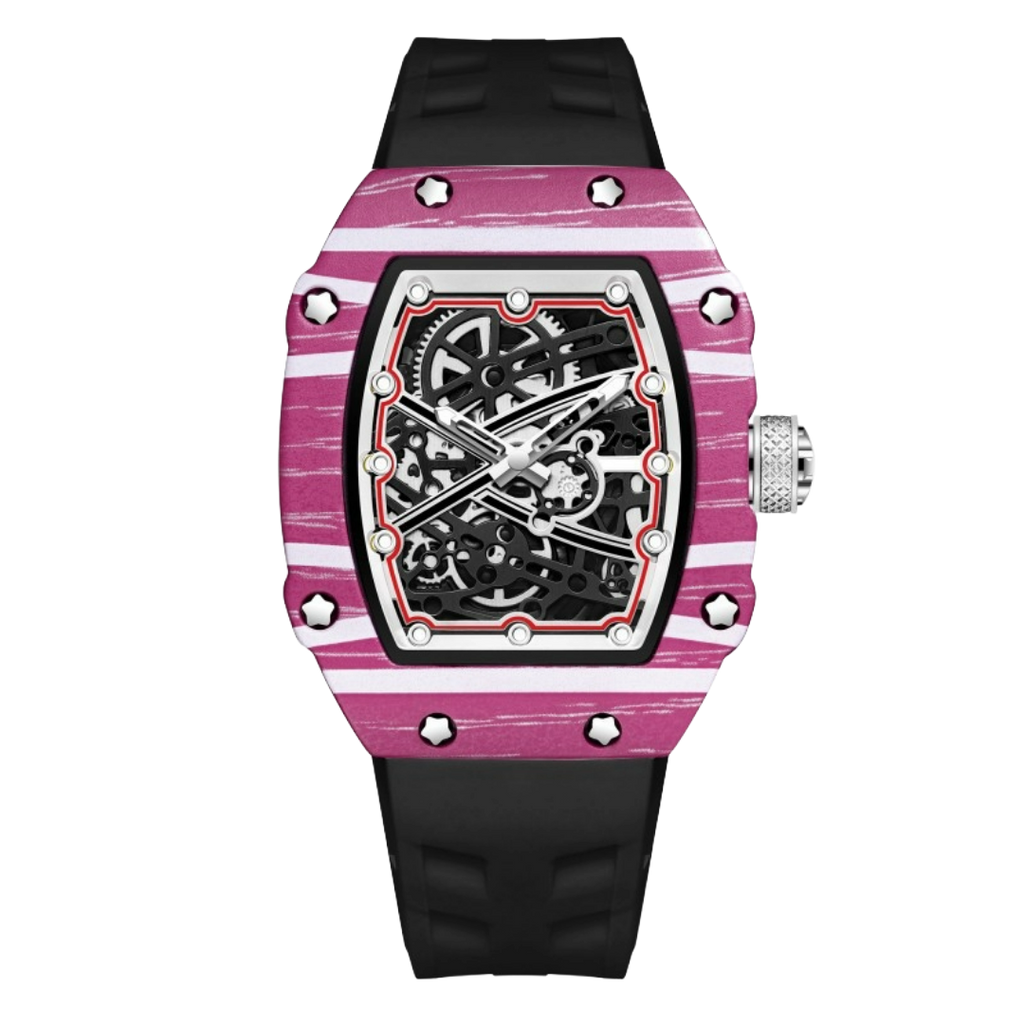 Giorgio Mareno BRYVANO Skeleton Sport Watch with black silicone strap, showing detailed skeleton dial and sporty design.