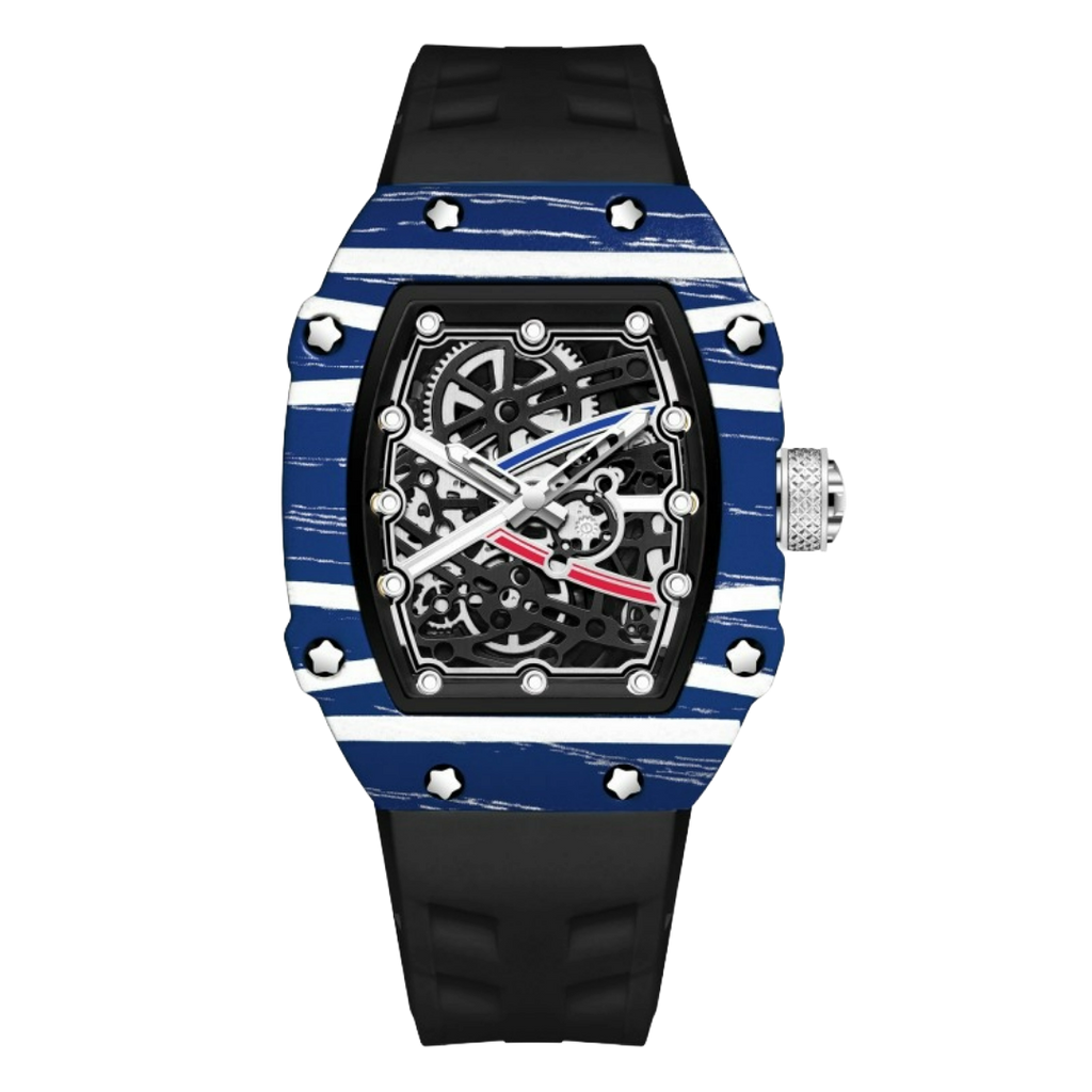 Skeleton sport watch with silicone strap from BRYVANO by GIORGIO MARENO, featuring a detailed skeleton dial and sporty design.