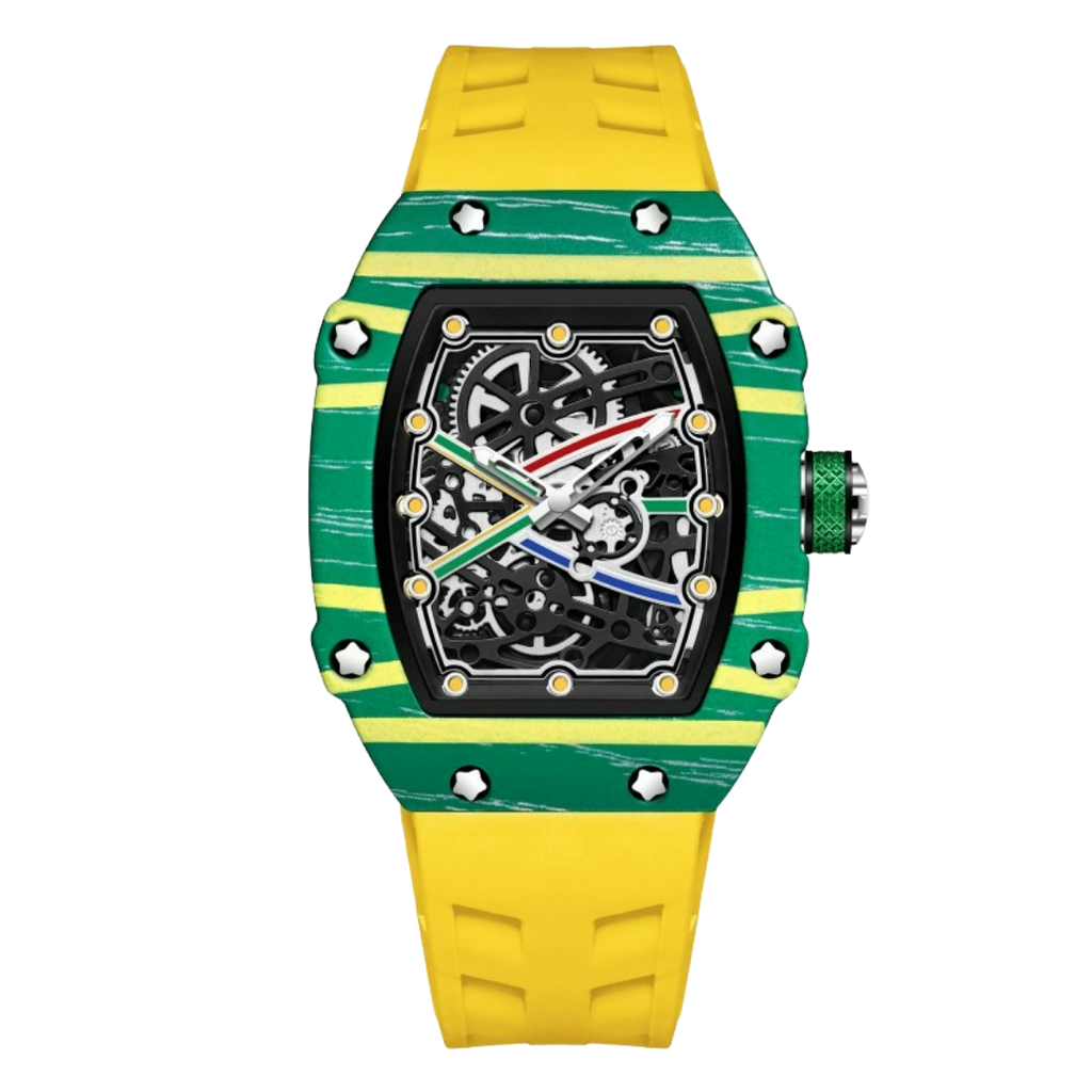 Skeleton sport watch by GIORGIO MARENO with black silicone strap and visible mechanical movement on a white background.