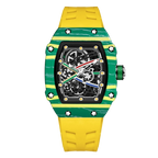 Skeleton sport watch by GIORGIO MARENO with black silicone strap and visible mechanical movement on a white background.