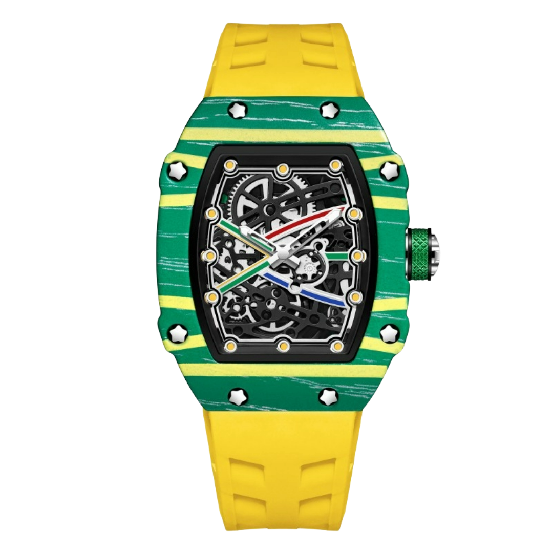 Skeleton sport watch by GIORGIO MARENO with black silicone strap and visible mechanical movement on a white background.