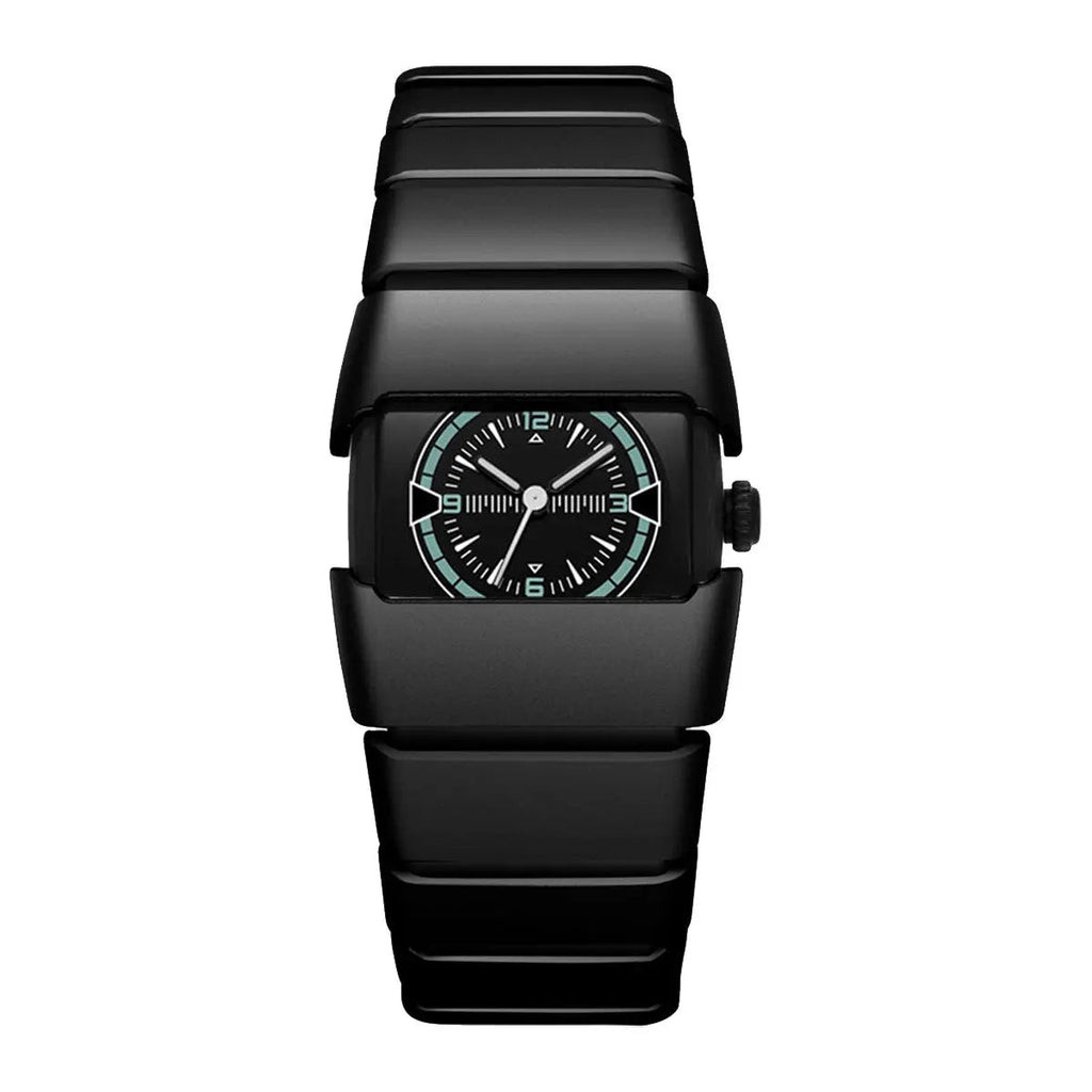 Maurice Belmont TURVEX men's rectangular designer watch with metal bracelet, featuring a sleek black dial and stainless steel band.