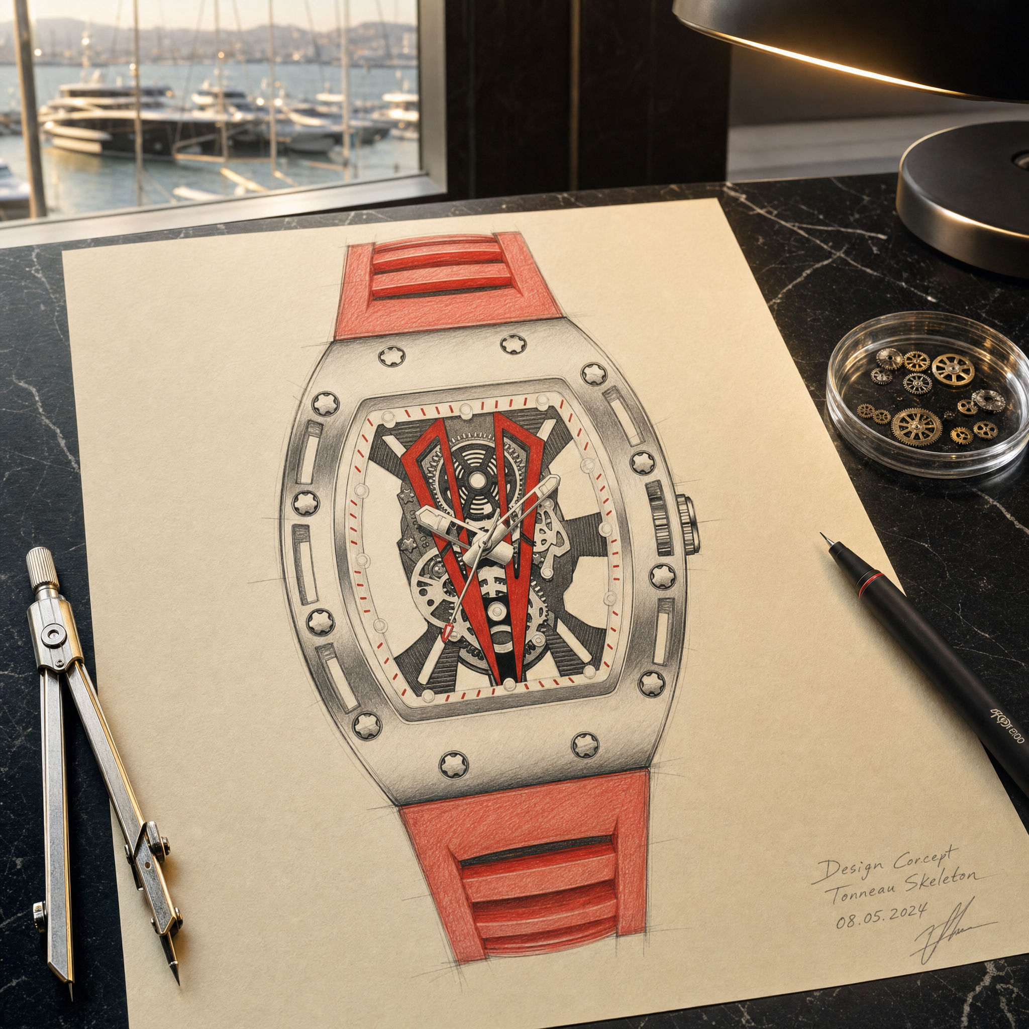 OKTARIS Skeleton Tonneau Sport Watch design concept sketch