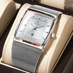 Sergio Cavelli LEVRON men's square watch with stainless steel Milanese mesh strap and black dial.