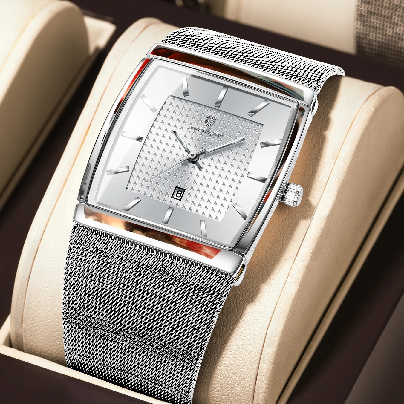 Sergio Cavelli LEVRON men's square watch with stainless steel Milanese mesh strap and black dial.